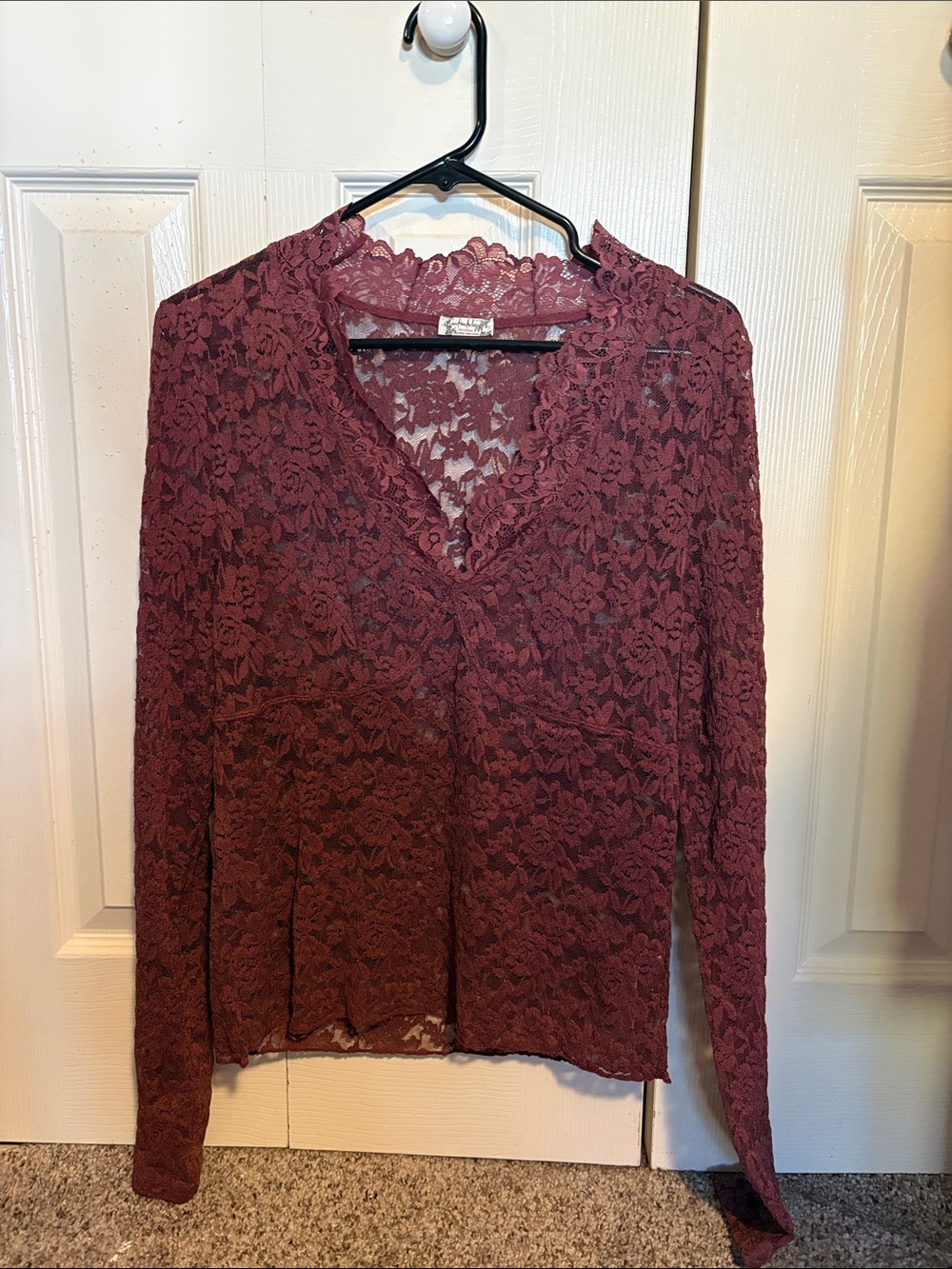Free People Burgundy Lace V-Neck Long Sleeve Top